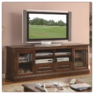 Casual TV Console with Glass Doors and Cherry Wood Finish