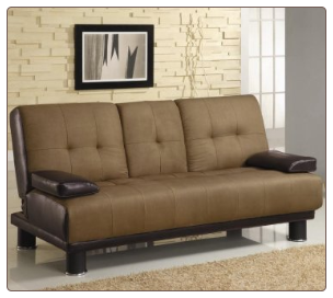 300134Two-Tone Tan & Brown Convertible Sofa Bed with Drop Down Console