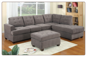 Charcoal Waffle Suede Tufted Modern Sectional Sofa w/Ottoman