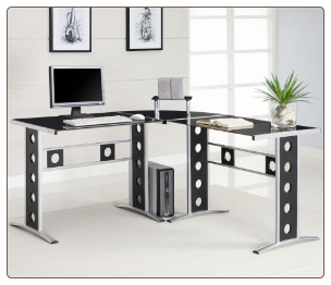 Desks Modern L Shape Desk with Silver Frame & Black Glass by Coaster