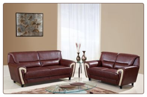 Brown Bonded Leather Sofa/Loveseat  with Beige Trim on Arms